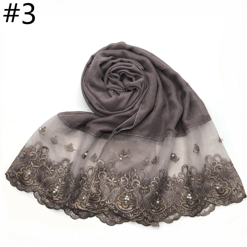 Cotton And Linen Solid Color Scarf, Two-end Lace, Set Pearl Toe Cap Scarf
