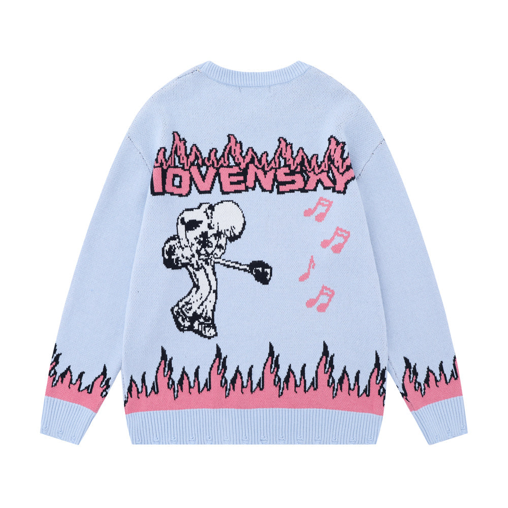 Europæisk og Amerikansk Rock Anime Flammende Jacquard Rundhalset Sweater