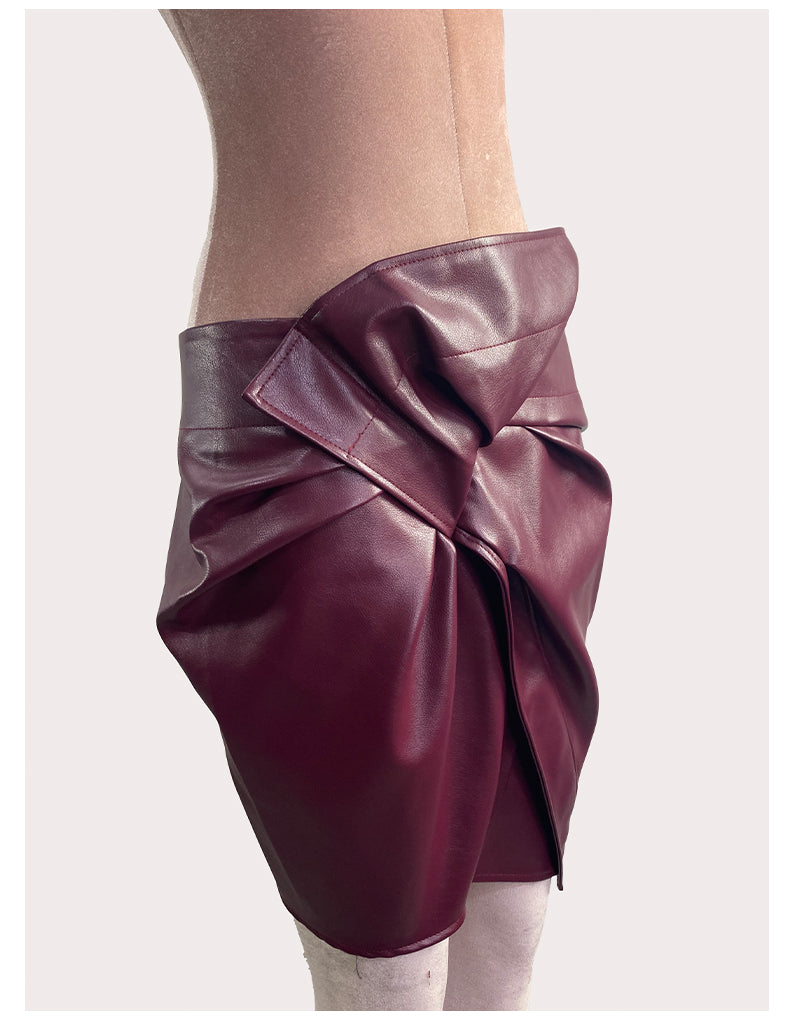 Faux Leather Cross Pleated Skirt