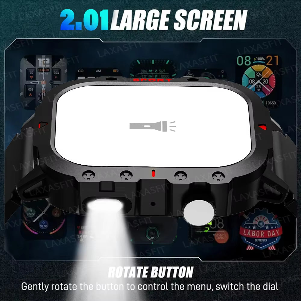 LED Flashlight Smart Watch Men Sports Fitness Bluetooth Call Heart Rate Health Monitor Outdoor Smart Watch Holiday Gift