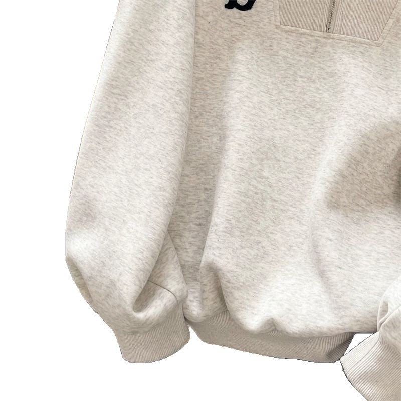 Løs Amerikansk Vintage Grå Revers-Sweatshirt Til Små Kvinder