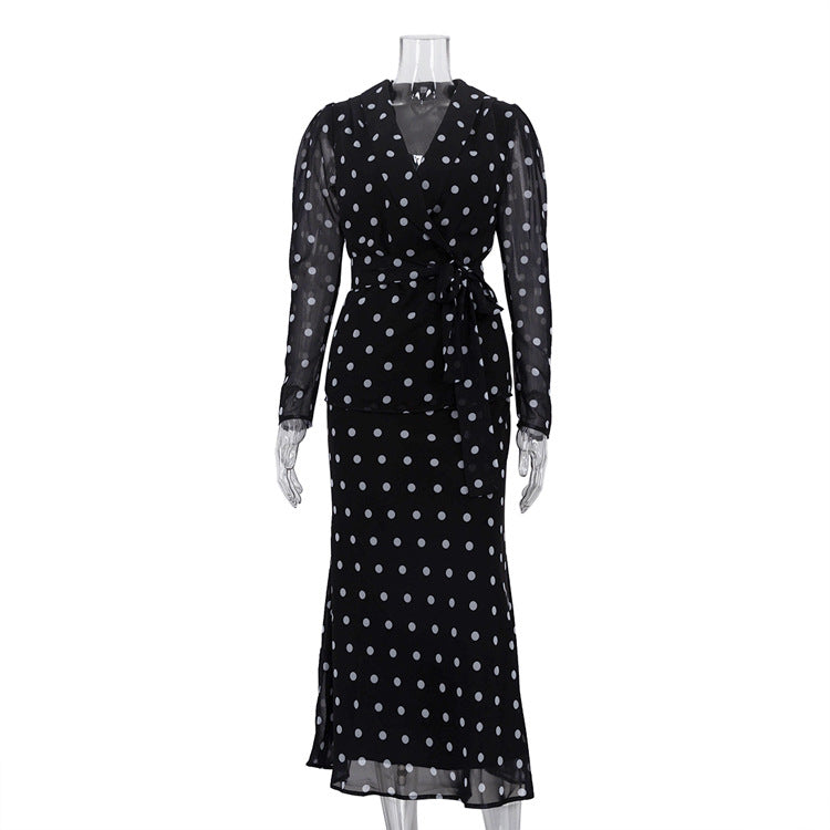 Elegant Mock Neck Tie Up Top And High Waist Midi Skirt Two Piece Set