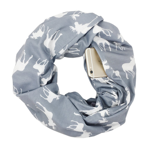 Christmas Themed Elk Print Zipper Pocket Scarf