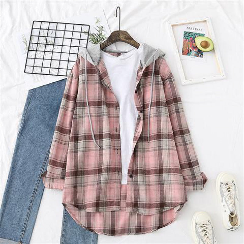 Retro Hong Kong Style Springsummer Autumn Plaid Shirt Women's Loose And Hooded Cardigan Coat