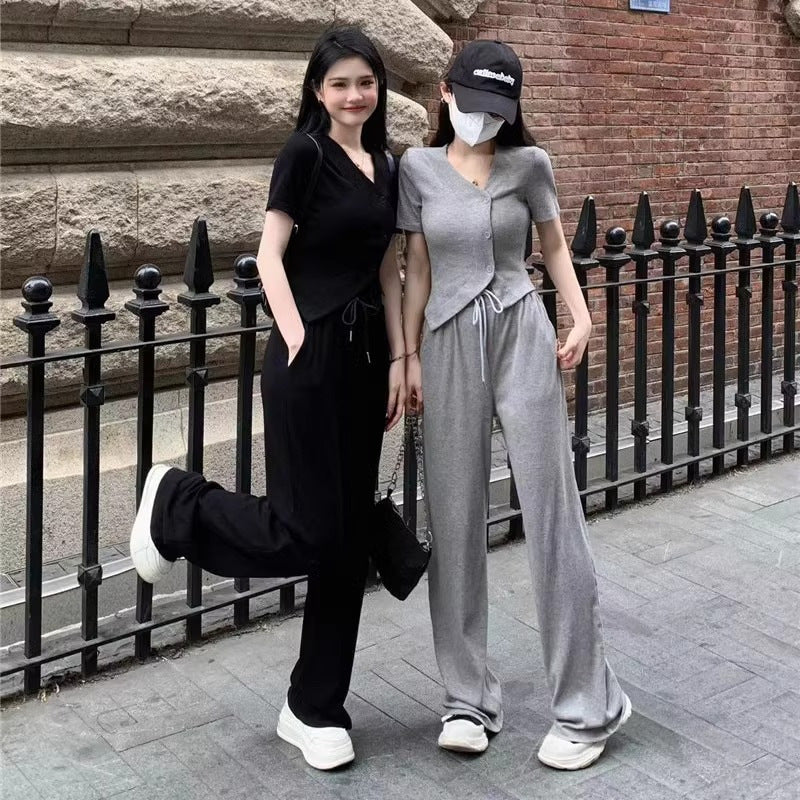 Short Sleeve Cardigan Top And Wide-leg Pants Two-piece Set