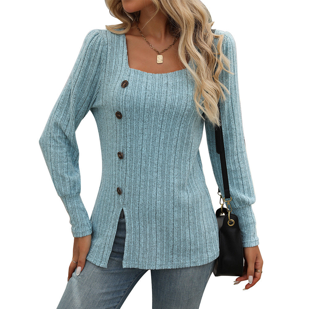 New Square Collar Sunken Stripe Brushed Solid Color Top Long Sleeve