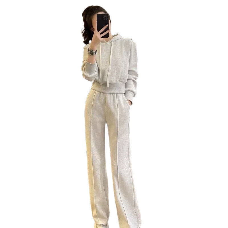 Casual Sportswomen's Autumn Regular Shoulder Hooded Short Sweatshirt And Pants Two-piece Set