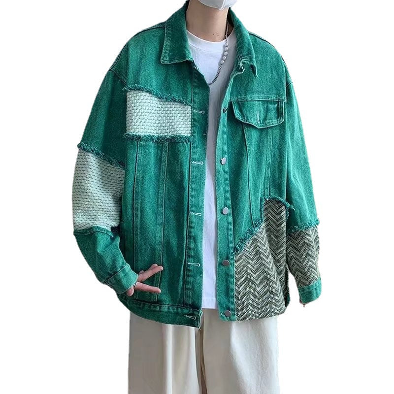 American Fashion Worn-out Patchwork Raw Edge Denim Coat