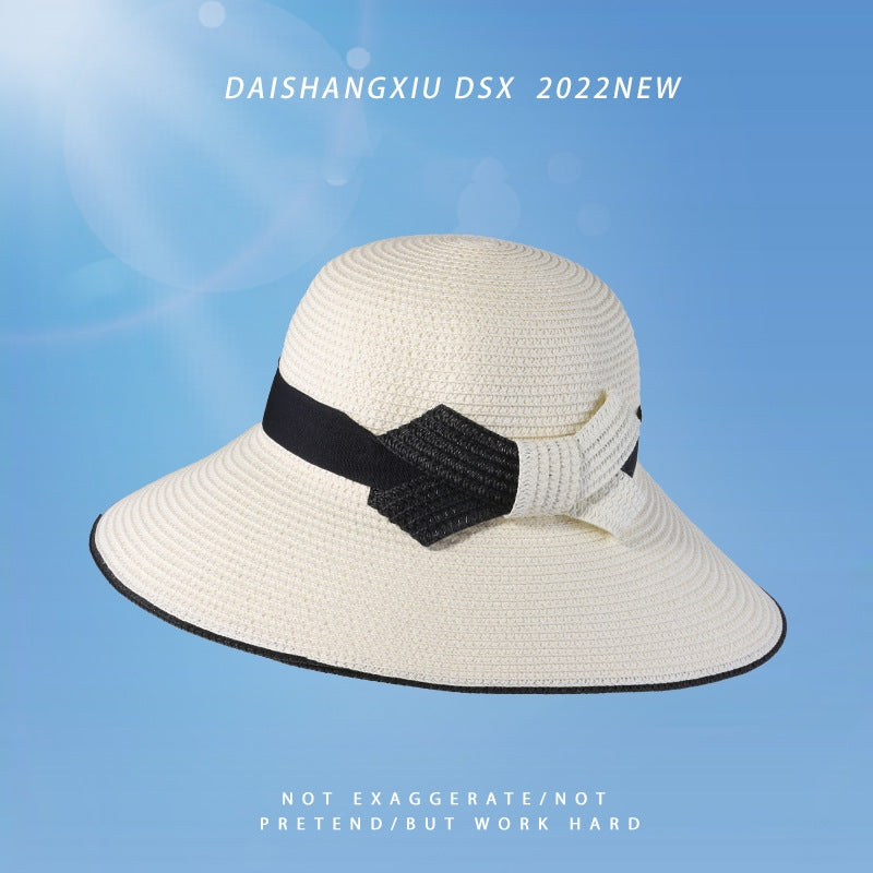 Spring And Summer Big Brim Straw Hat Fashion All-match Two-color Bow Breathable
