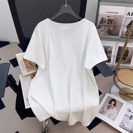 V-neck New Plus-sized Plus Size Slimming Loose Mid-length Short Sleeve