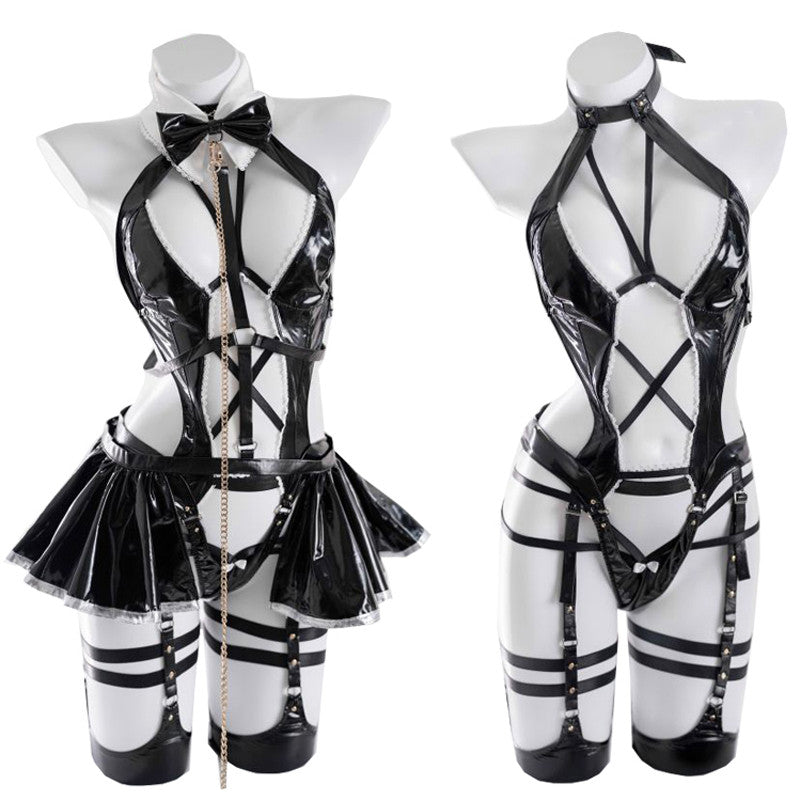 Hollow Backless Alluring Paint Leather Concealed Button One-piece Suit