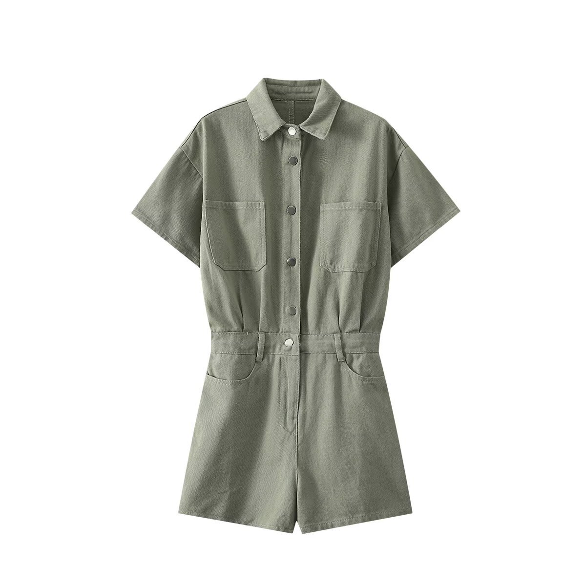 Summer New Women's Elegant Lapel Short Sleeve Waist-controlled Short Denim Jumpsuit