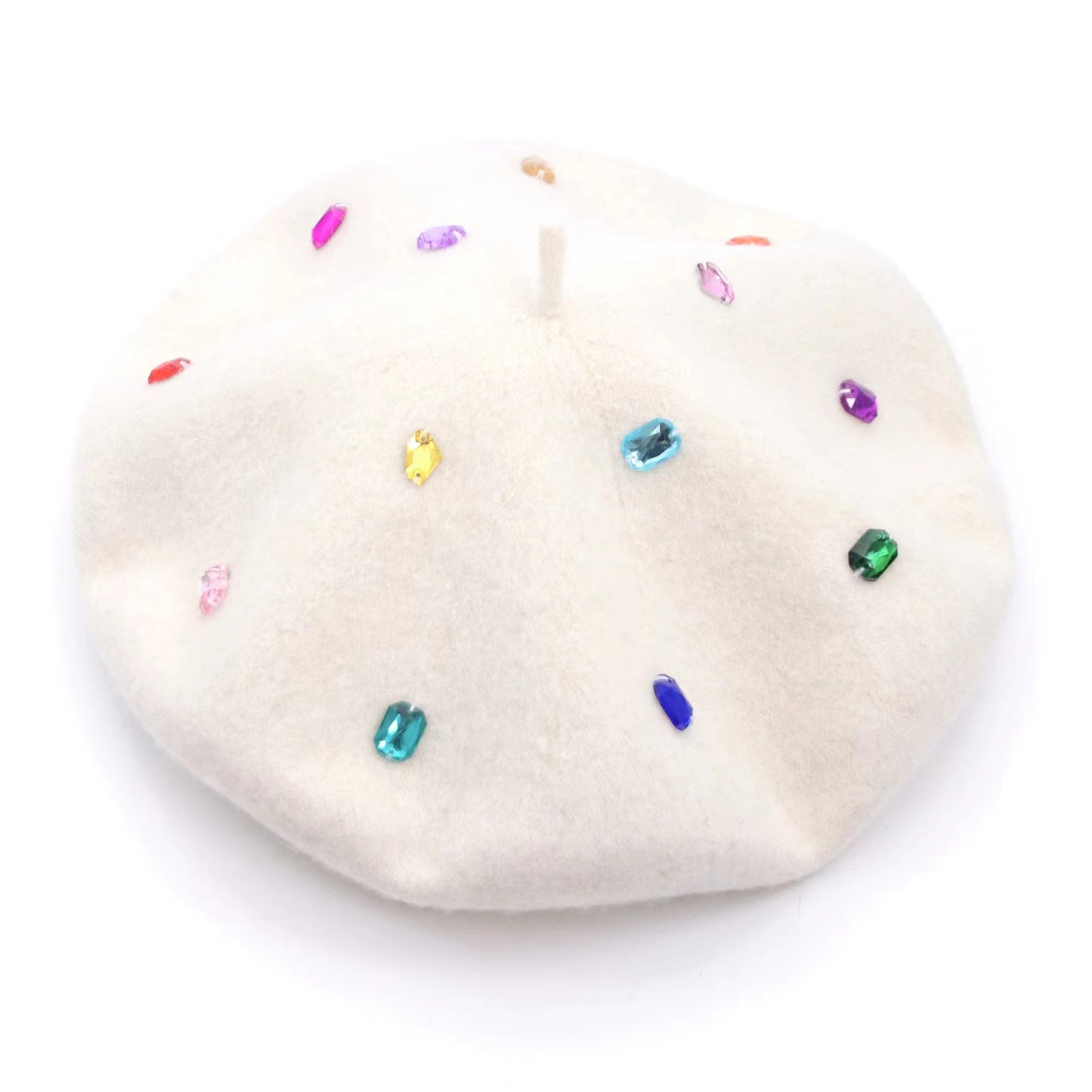 Retro Fashion Big Head Circumference Cloud Cap Color Rhinestone Wool Beret
