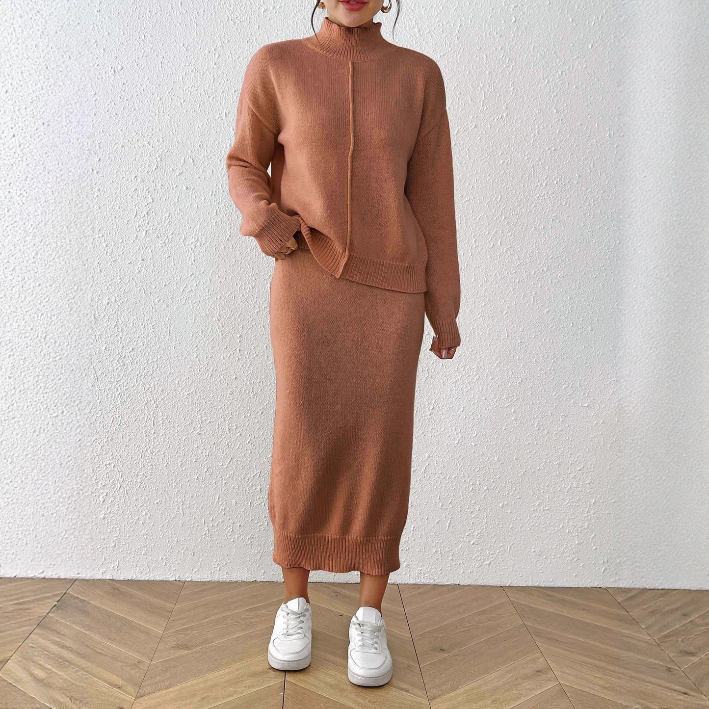 Women's Semi-high Neck Pullover Sweater And Bodycon Skirt Two-piece Set