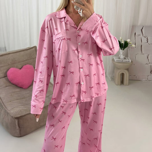 New Knitted Bow-printed Long-sleeve Pants Set