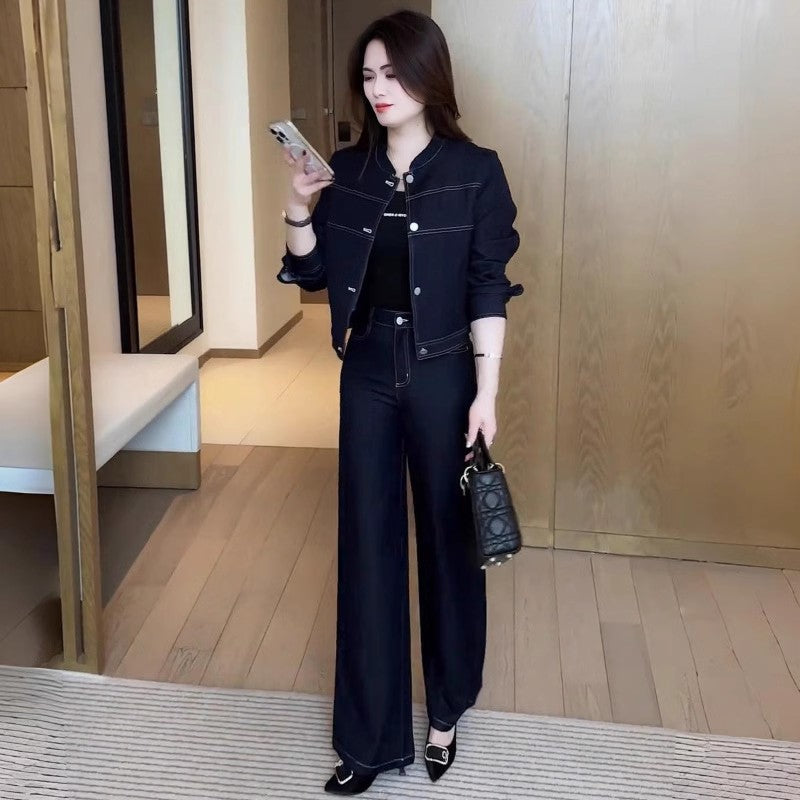Cropped Standup Collar Jacket And Highwaisted Pants Twopiece Set