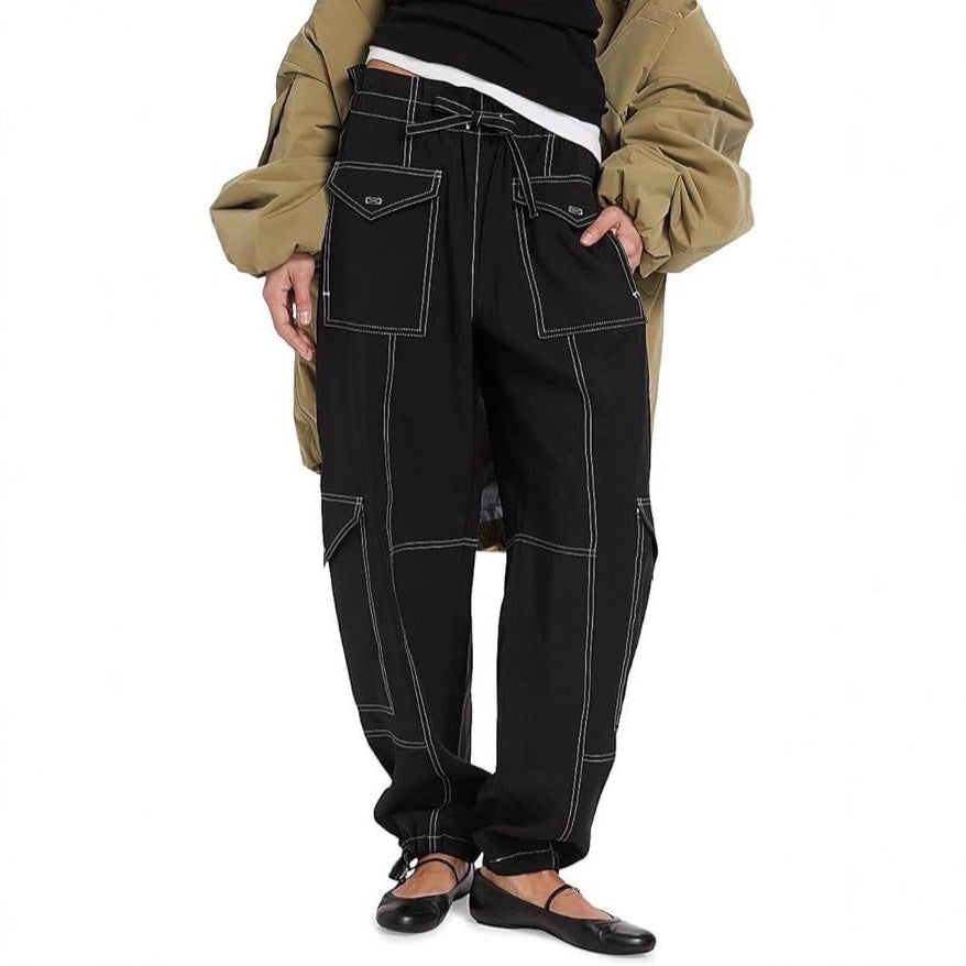 High-waisted Patchwork Loose-fit Cargo Pants With Multiple Pockets