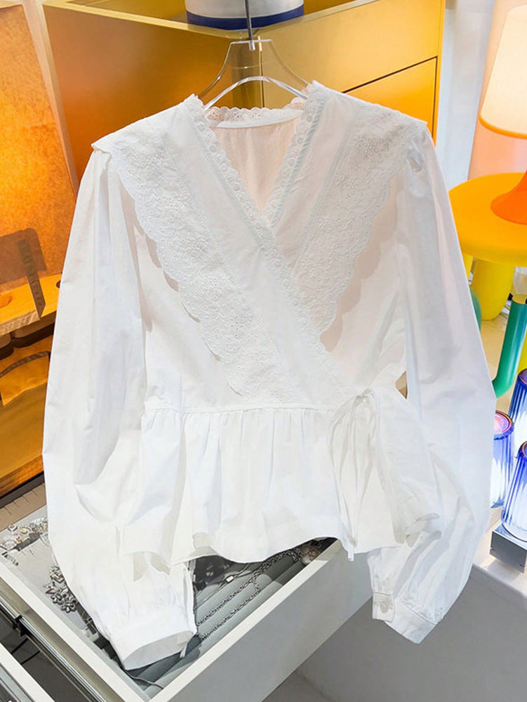Womens Designer Lace Trim Long-Sleeve Casual Tie-Up Shirt Top