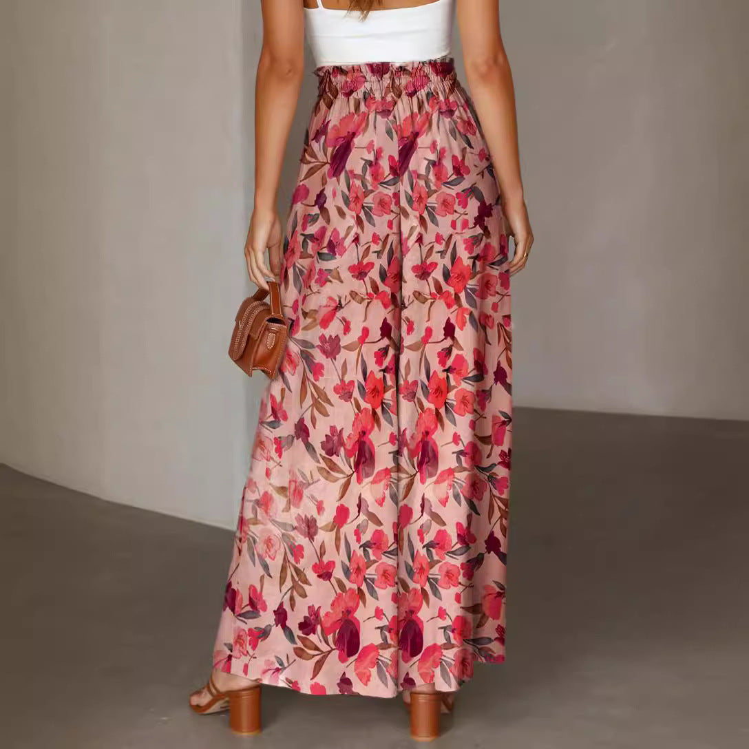 Flowers Printed Wide-leg Trousers Summer Casual Straight Pnats For Women Beach Clothing