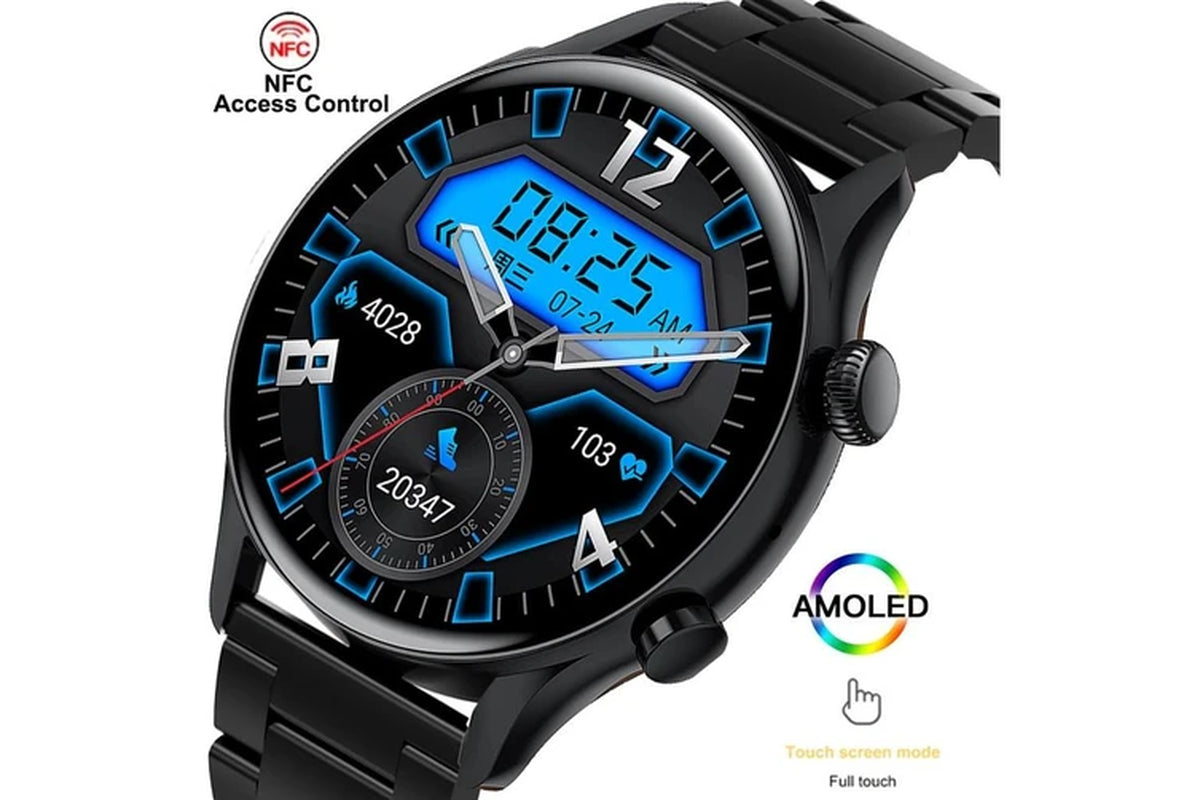 New NFC Bluetooth Call Smart Watch Men 390*390 HD Pixel Display Screen Sports Fitness Tracker AMOLED Clock Men Smartwatch - Silver Mesh Belt