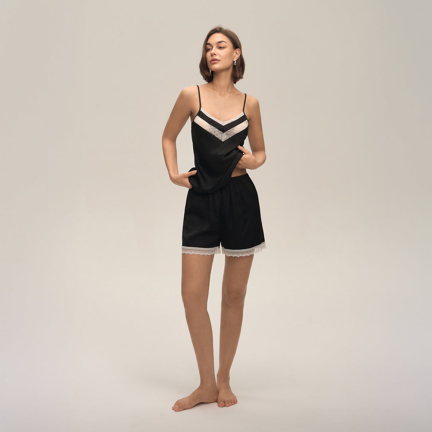 Lace-trimmed Suspender Shorts Set Womens Cozy Casual Loungewear For At-home Comfort