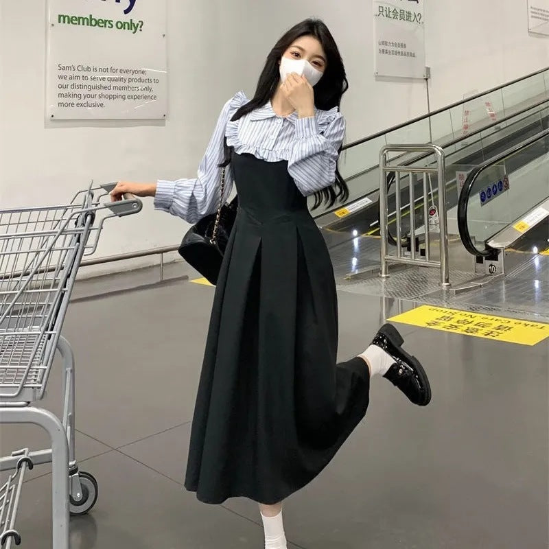 Preppy-style Striped Shirt-style Faux Two-piece Slimming Contrast-color Dress