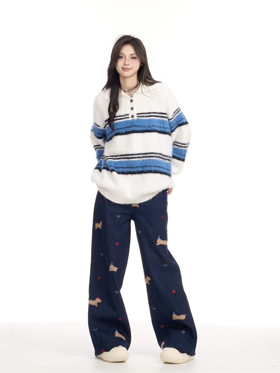 American-style Vintage Stripe Lapel Half Zipper Sweater