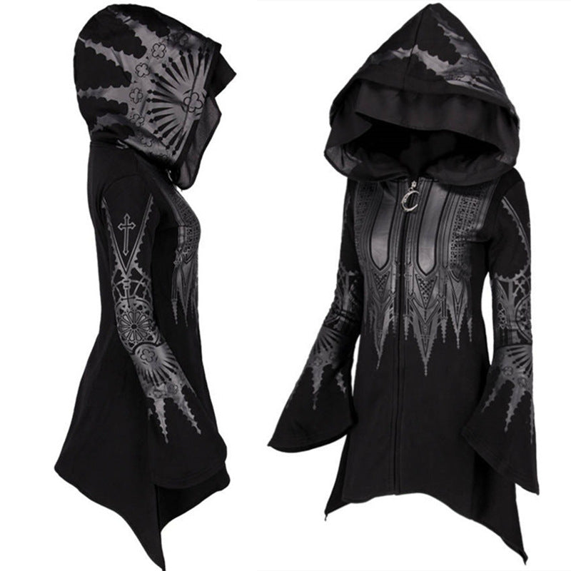 Halloween Cosplay Hættetrøje Dame Punk Sort Lang Hættetrøje med Print Sweater