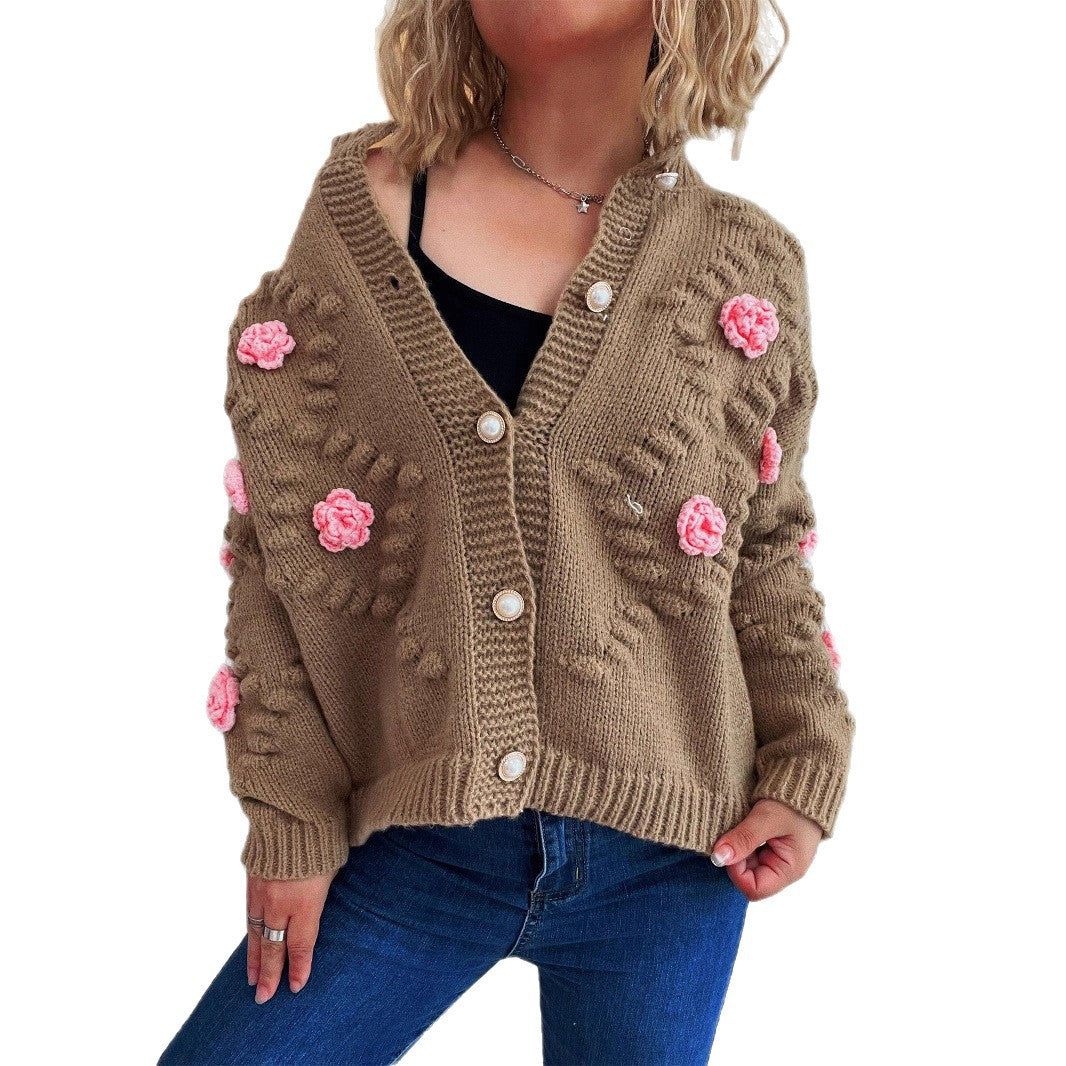 Cute Three-dimensional Flower Decorative Knitted Cardigan Round Neck Sweater