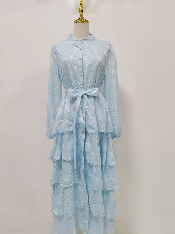 Round Neck Long Sleeve Lace Embroidered Long Cake Dress