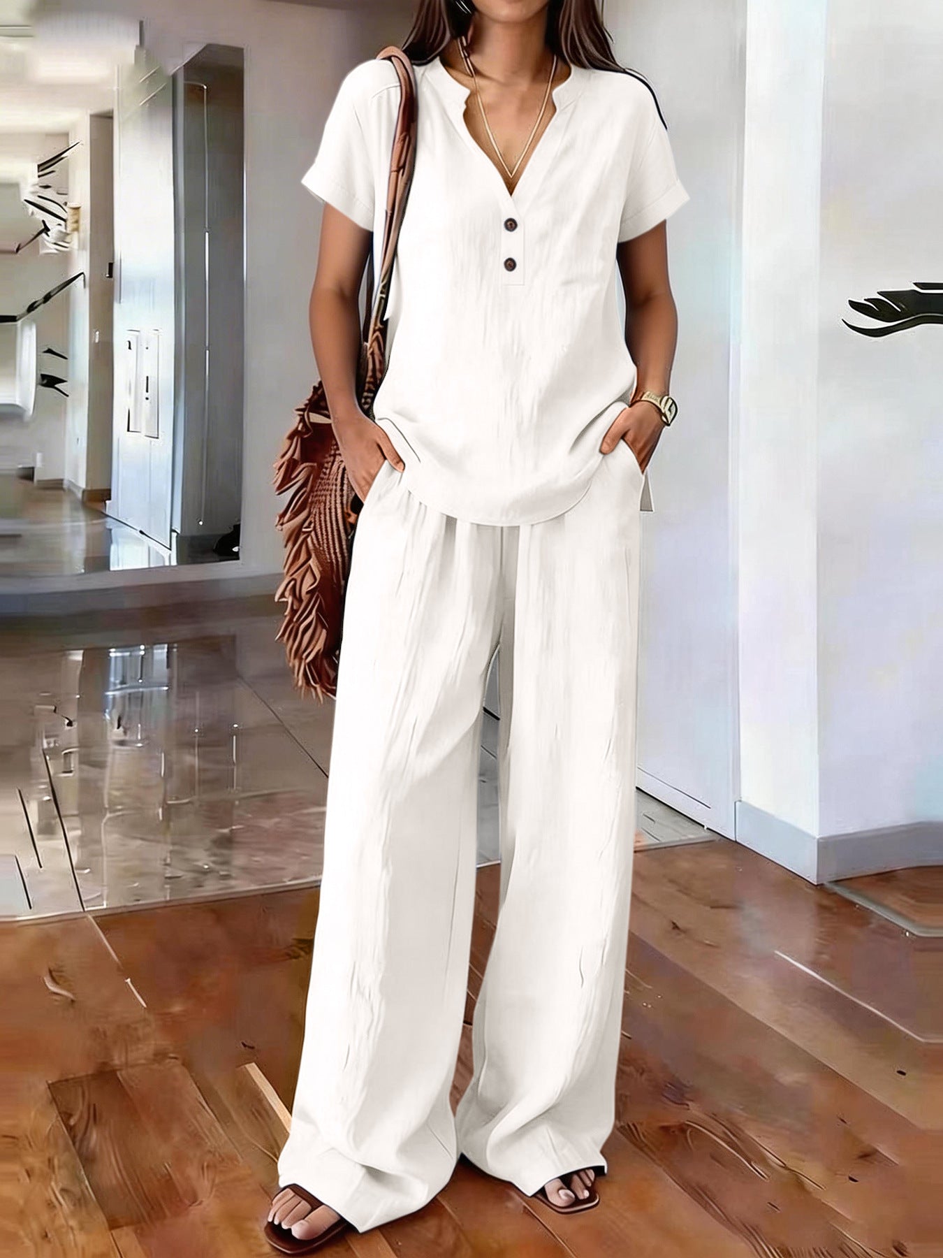 Women's Casual Solid-Colored Cotton And Linen Set
