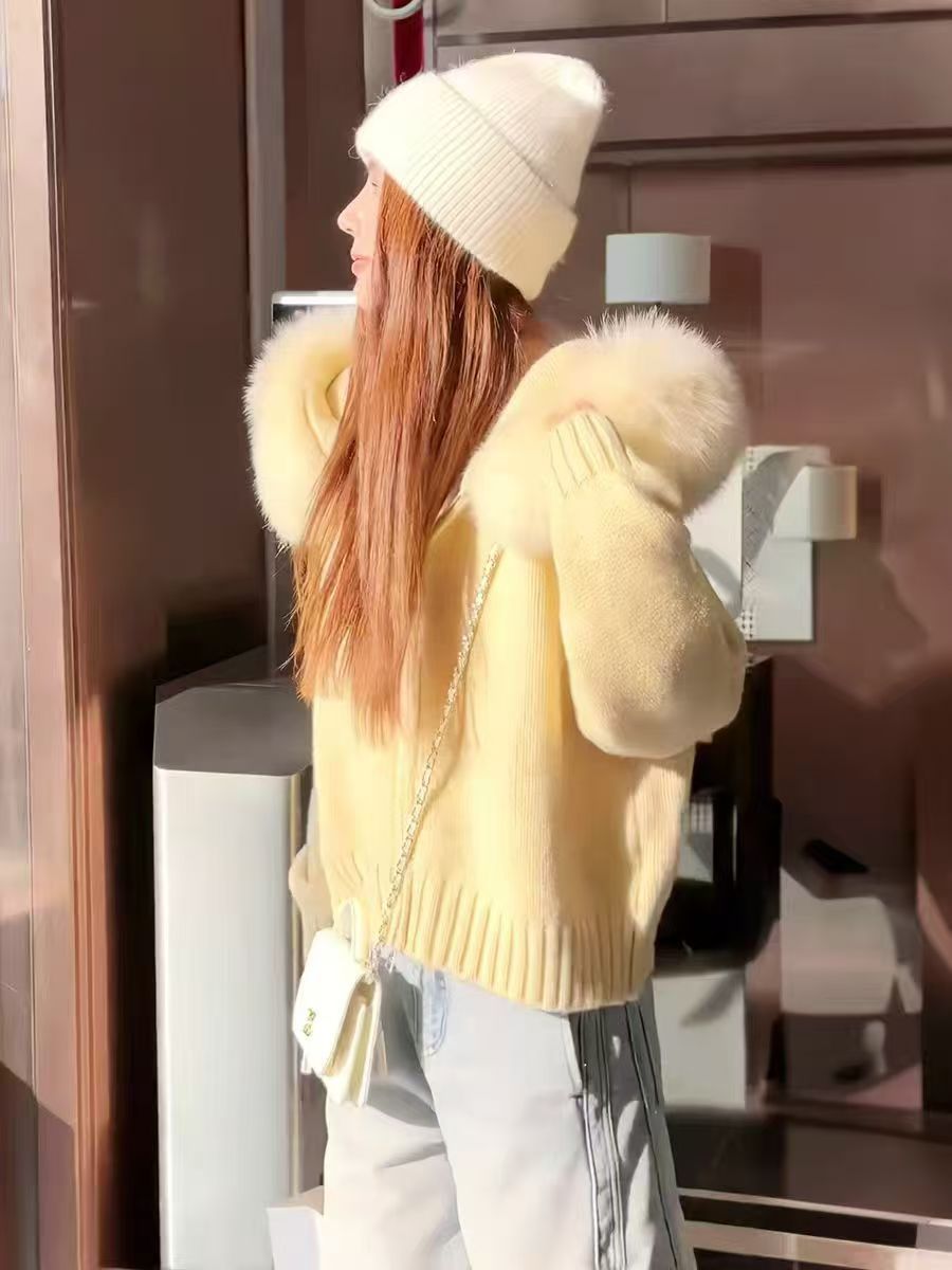 Vintage Knitted Cardigan Long Sleeve Fur Collar Coat
