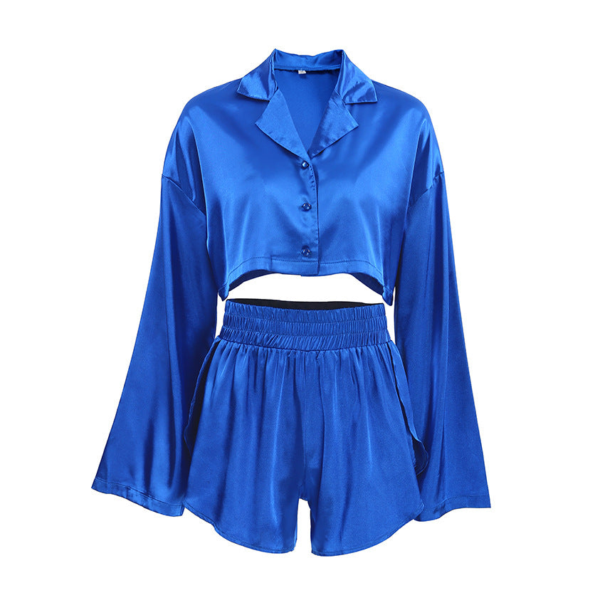 Home Wear Satin Long-Sleeve Slit Shorts Two-Piece Set Sexy Pajamas