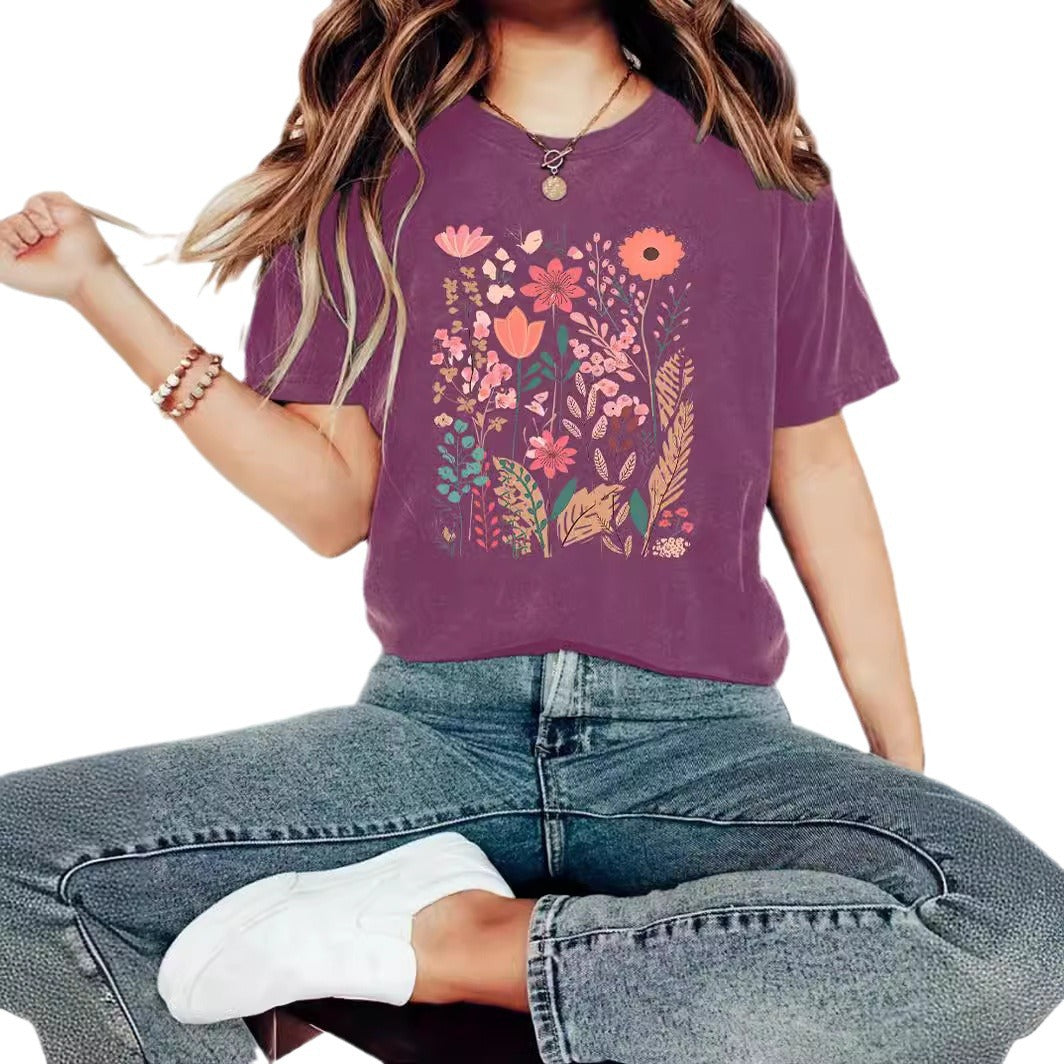 European And American Summer Women's Plant Flower Graphic Print Crew Neck Short Sleeve
