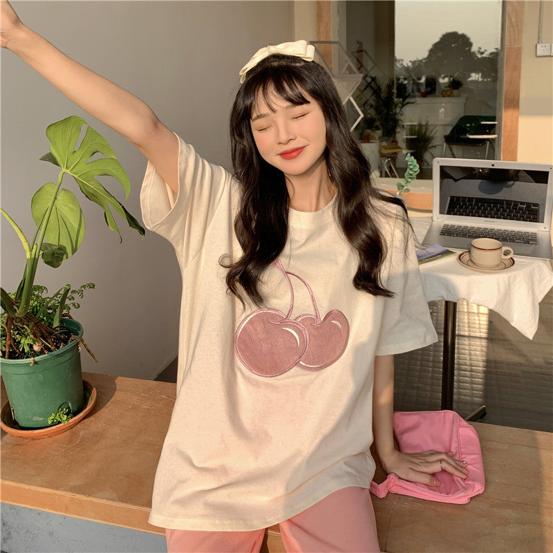 Sweet Embroidered Outer Wear Loose Mid Length Student Bottoming Top