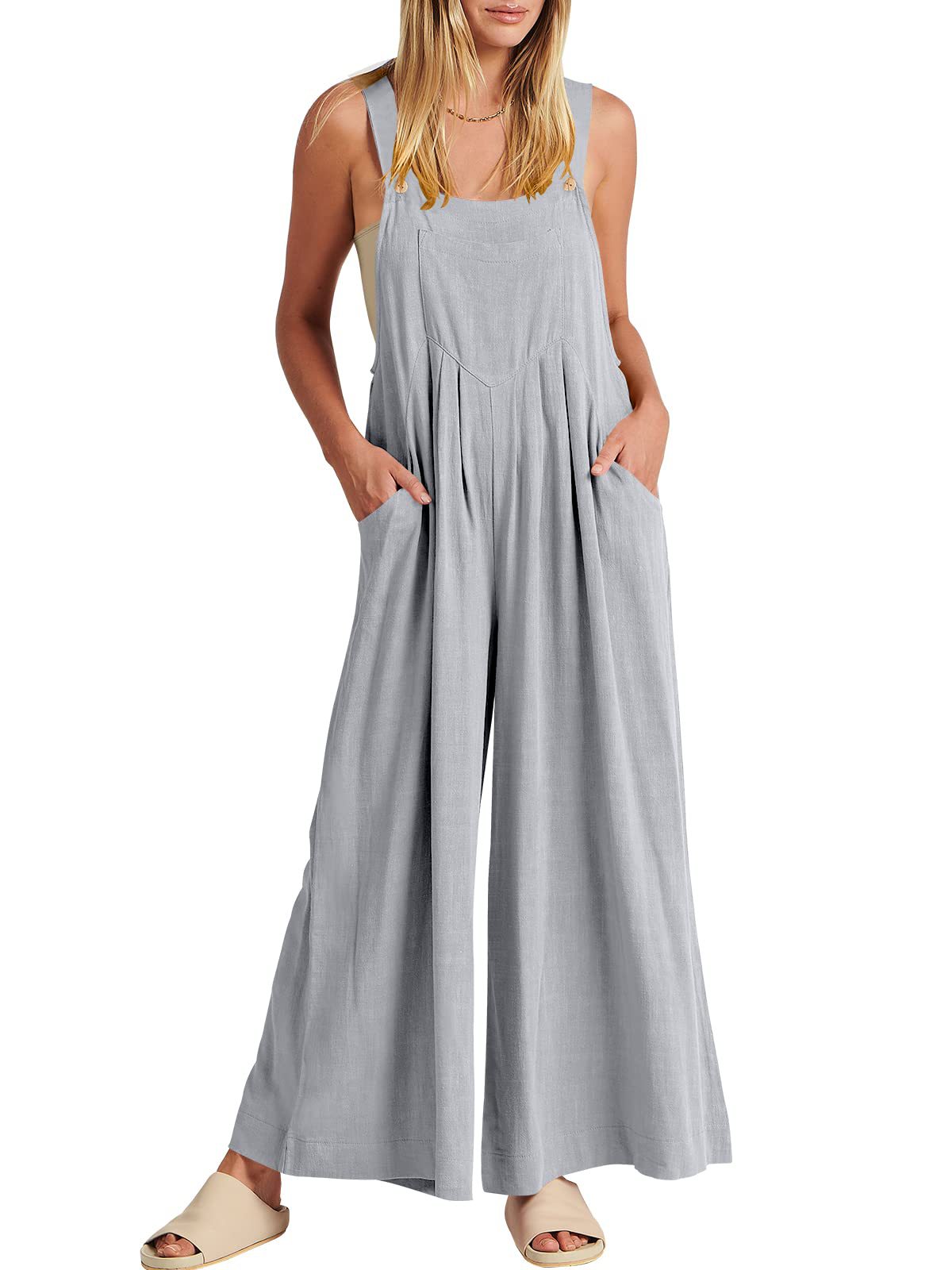 Women's Solid Color Loose Casual Cotton And Linen Suspender Jumpsuit