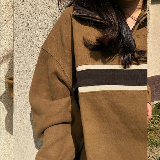Women's American Retro Brown Patchwork Hoodless Stand Collar Pullover Sweatshirt