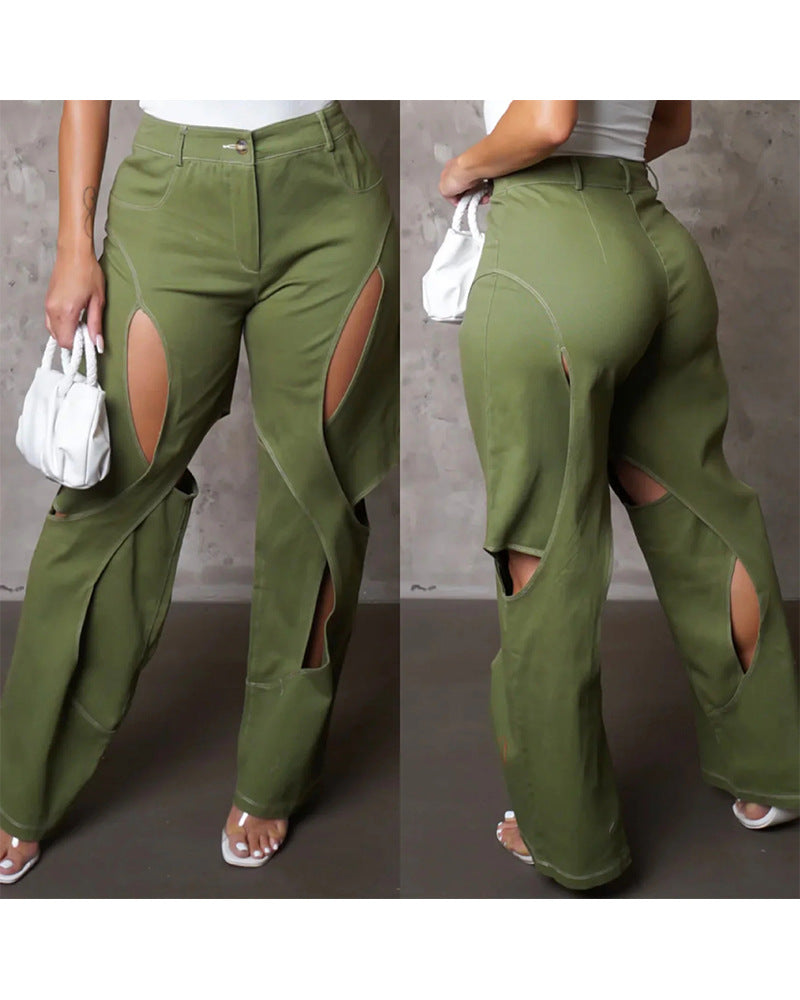 Contrasting Color Thread Stitching Hollow-out Casual Pants