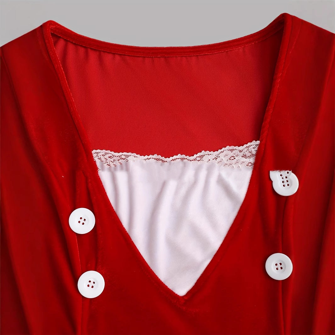 Fashionable Faux-Button Lace Contrast-Color Asymmetrical Velvet Christmas Dress