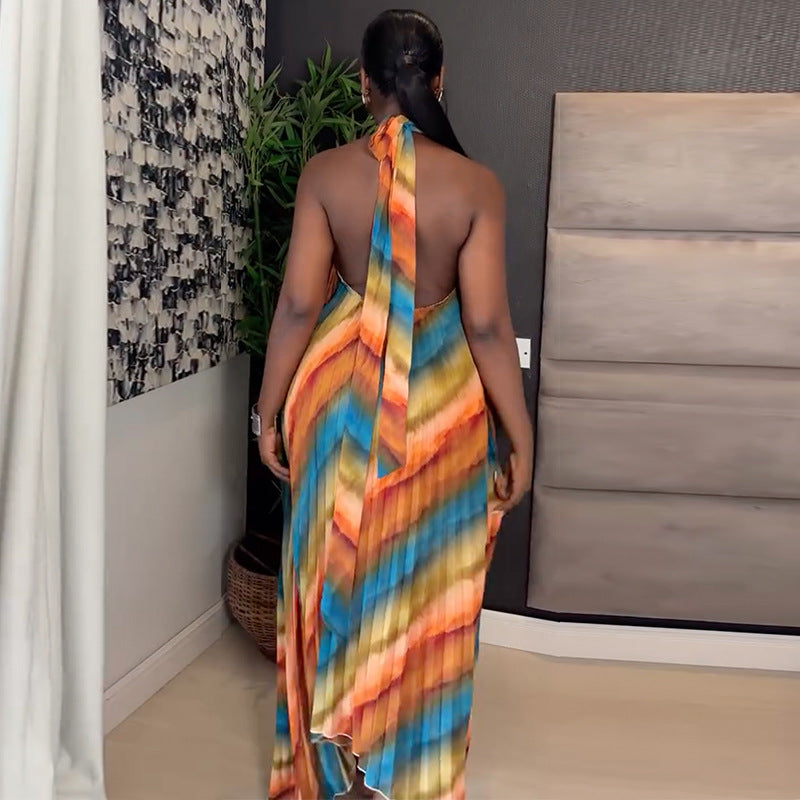 Neck-hanging Printed Hollow-out Loose Pleated Maxi Dress Long Skirt