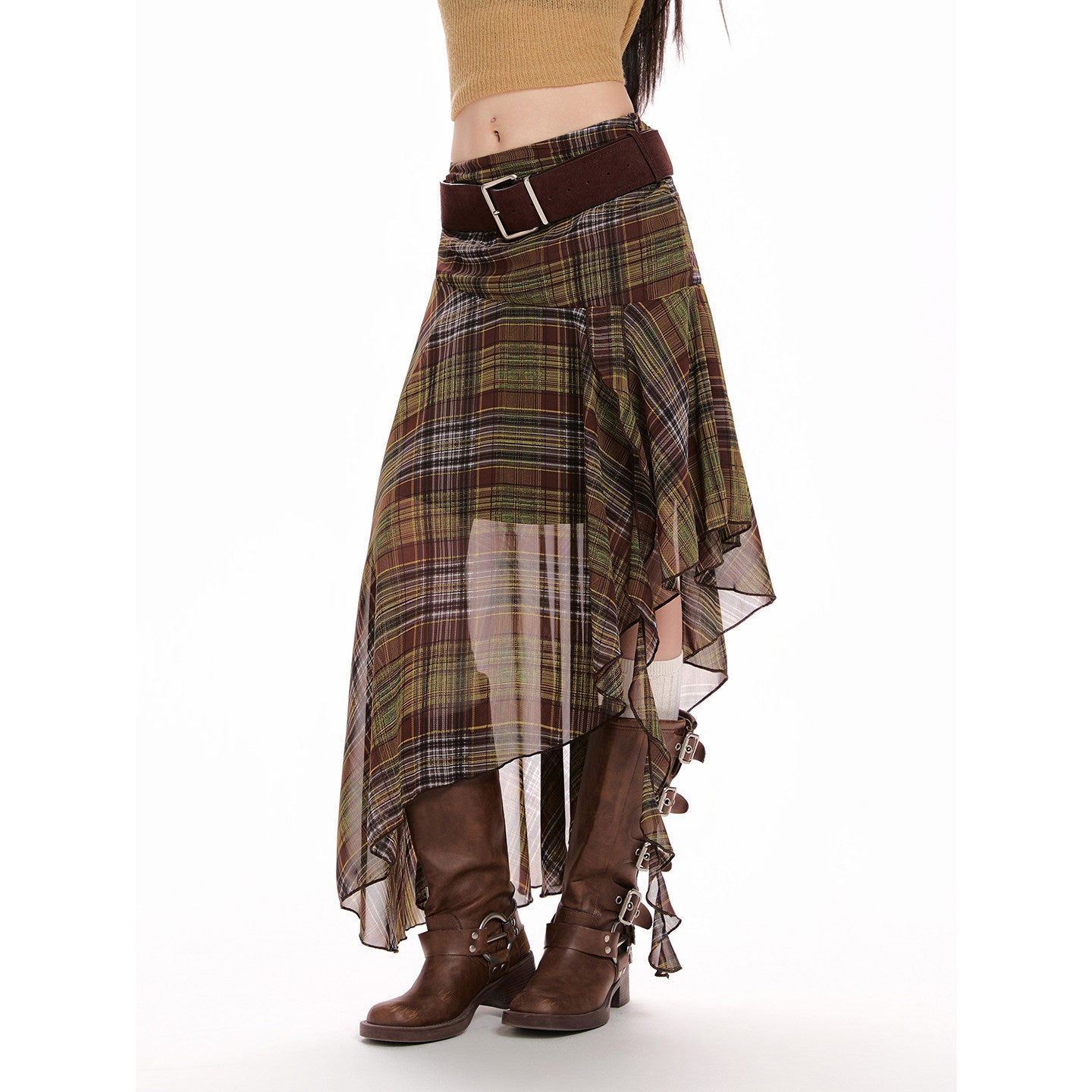 Green Chiffon Plaid Asymmetrical Skirt