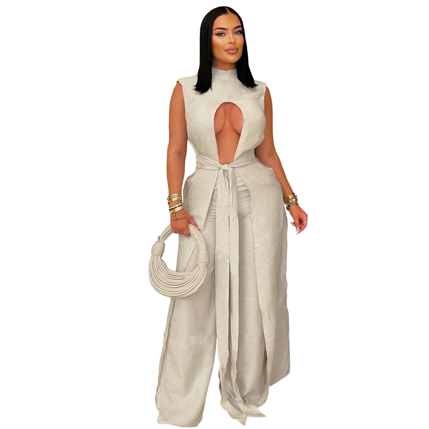Fashion Women's Wear Sexy Solid Color Lace-up Sleeveless Trousers Suit