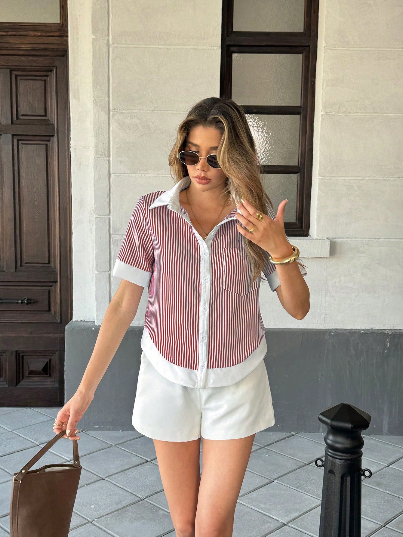 Womens Loose Fashionable Contrast-color Single-breasted Short-sleeve Top