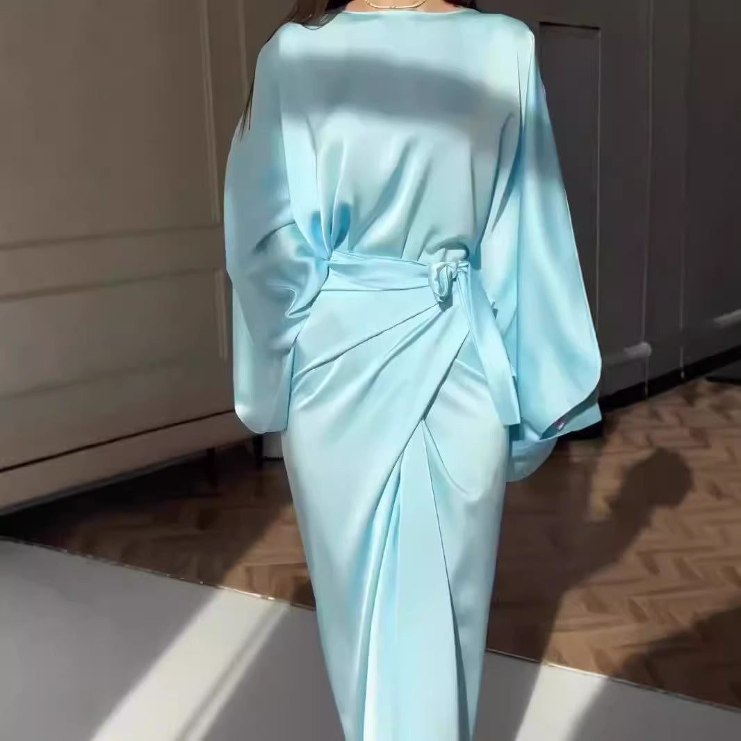 Batwing Sleeve Belt Waist Slimming Solid Color Dress