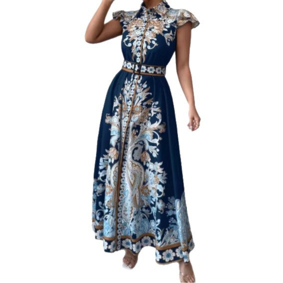 Fitted-waist Notched-collar Long Dress With Cap Sleeves