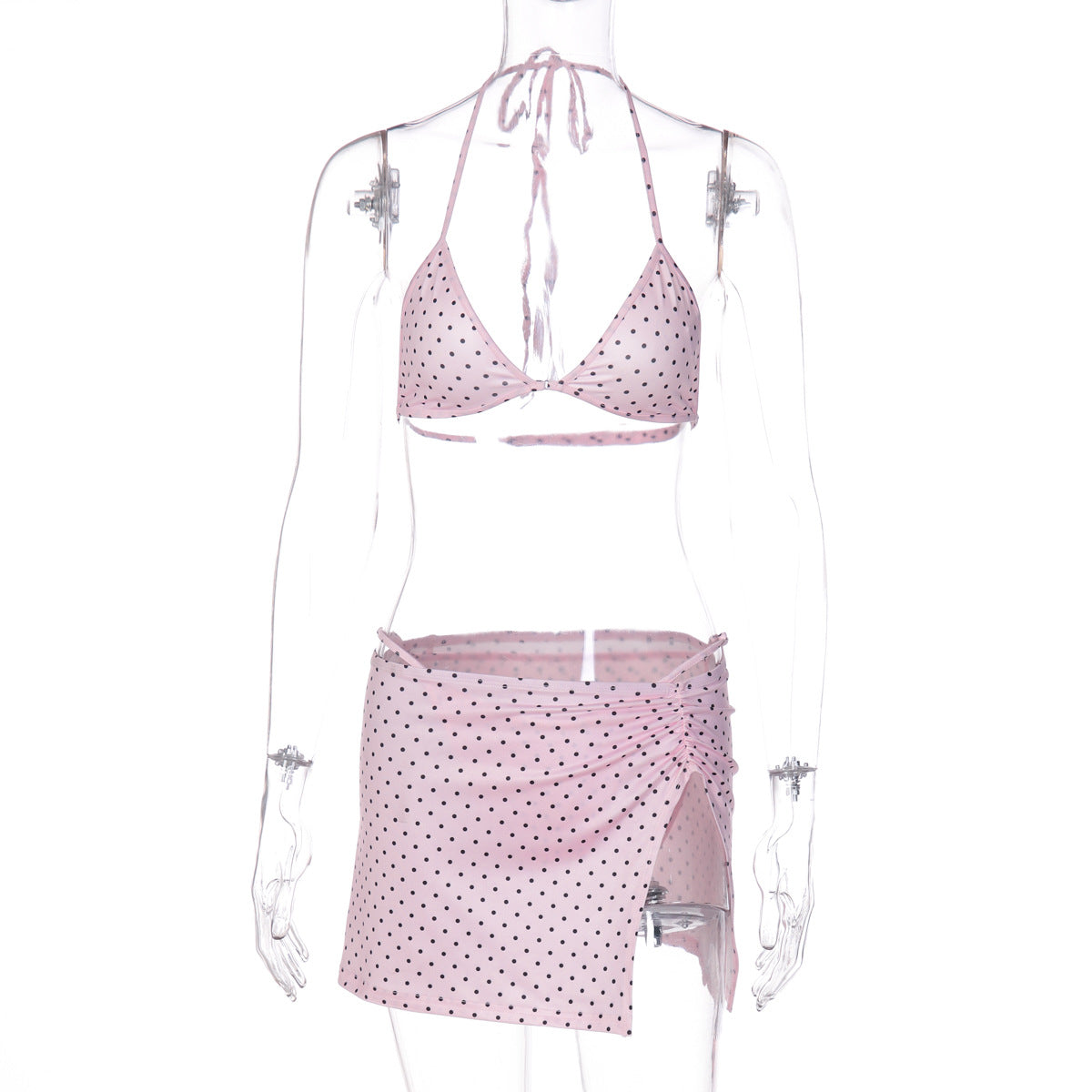 Sexy Polka Dot Tube Top Two Piece Skirted Swimsuit Womens Bikini Three Piece Set