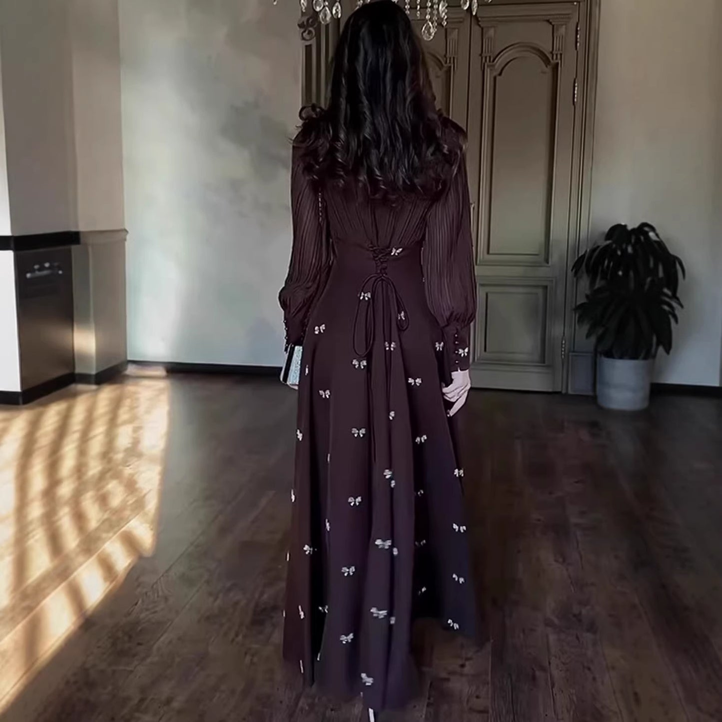 Womens Fashionable Loose-Fit Long-Sleeve Printed Dress