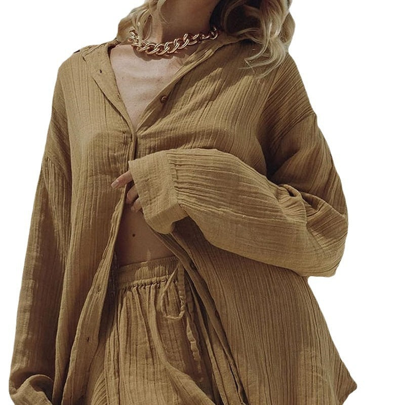 Women's Casual Long-sleeve Shirt And Shorts Set