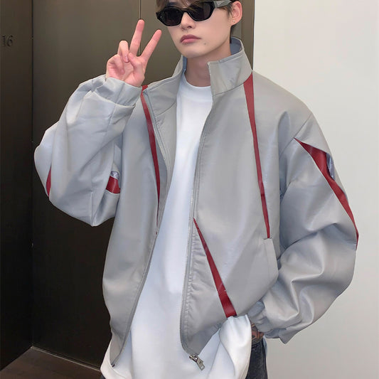 Niche Split Deconstruction Design Contrast Color Stand Collar Jacket