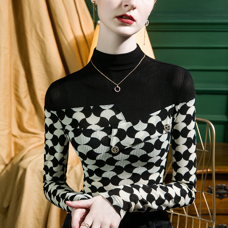 Women's Half-turtleneck Printed Stitching Bottoming Shirt